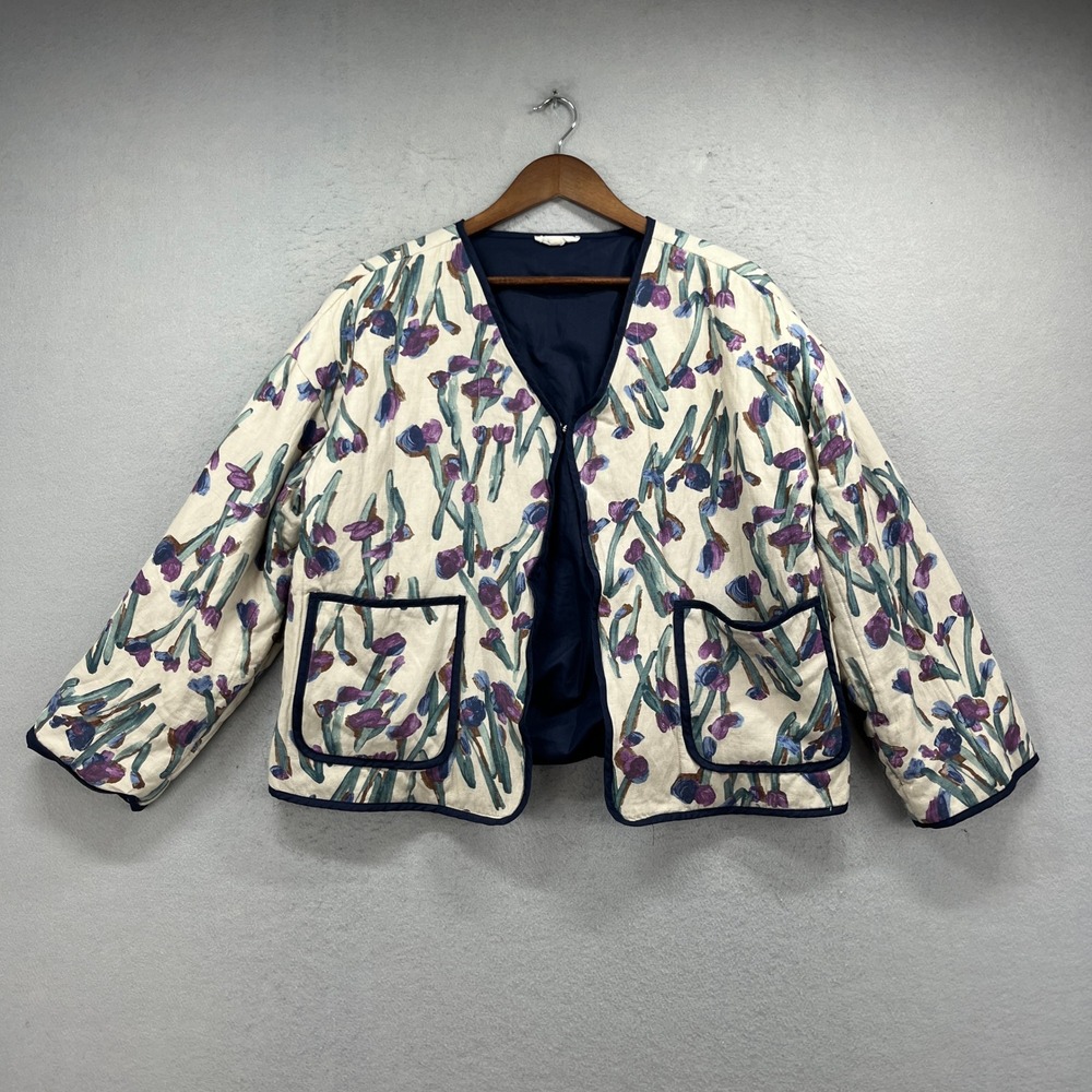 Entro Quilted Jacket Womens Large Cream Floral Linen Open Front Boho Cottagecore